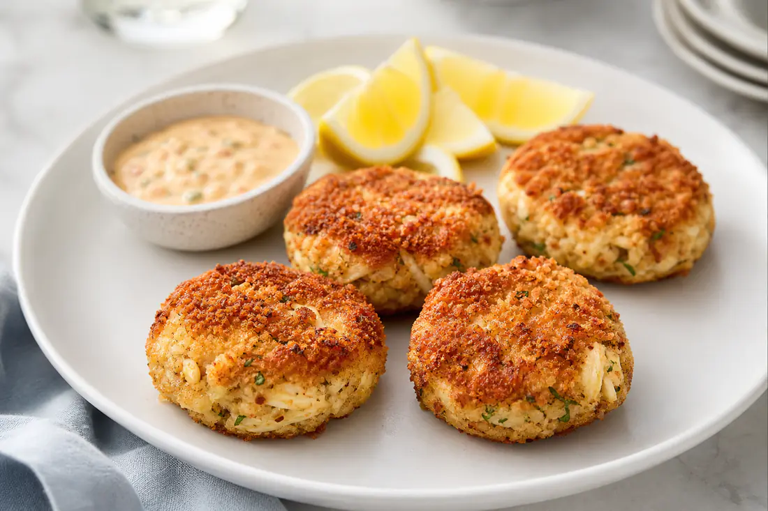 Four golden crab cakes on a plate with lemon wedges and remoulade sauce