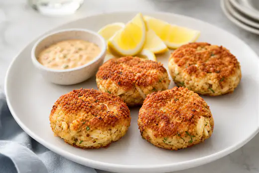 Four golden crab cakes on a plate with lemon wedges and remoulade sauce