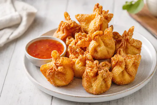 Golden crispy crab rangoon wontons on a plate with sweet chili dipping sauce