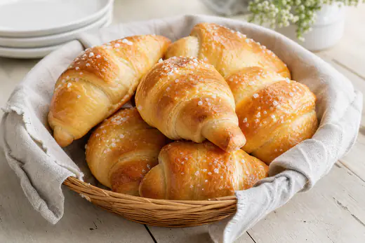 Golden brown crescent rolls brushed with butter in a basket lined with a linen napkin