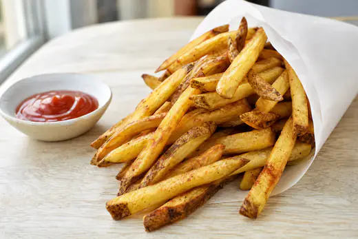 Golden homemade french fries piled in a paper cone next to a bowl of ketchup