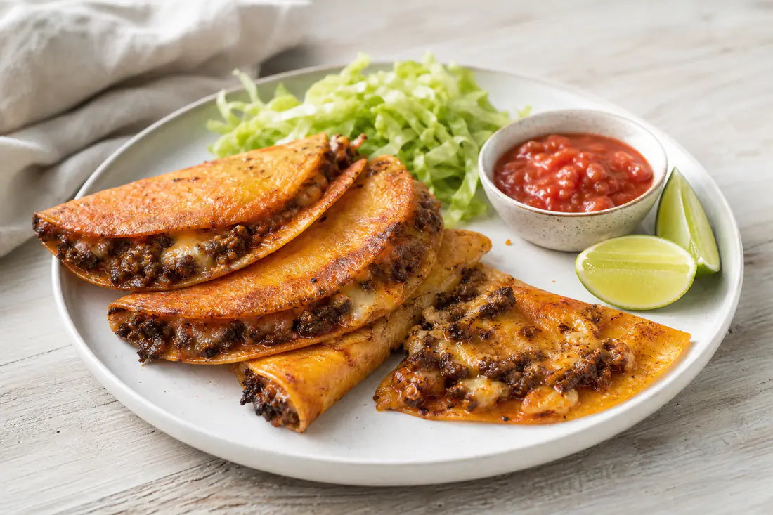 Golden crispy beef and cheese tacos on a plate with lettuce, salsa and lime