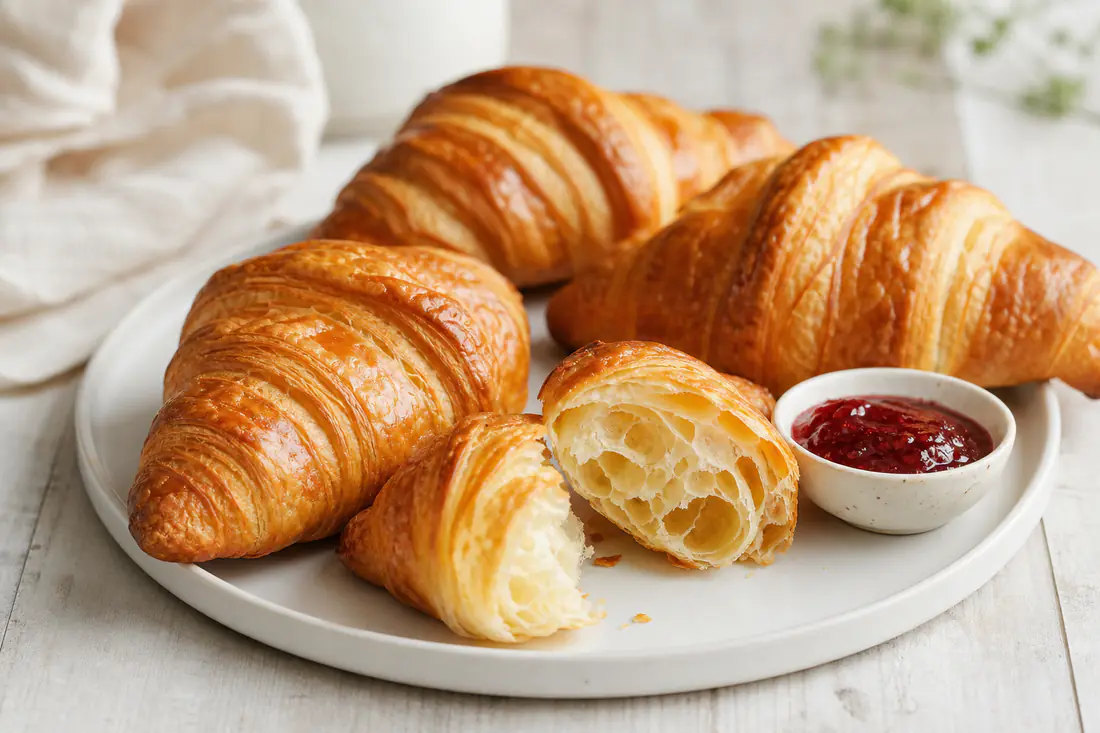 Four warm golden croissants with flaky layers, one torn open, on a plate