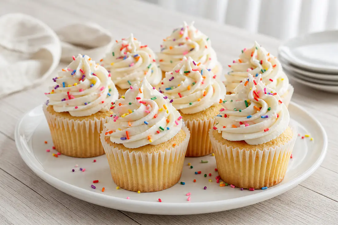 Vanilla cupcakes topped with swirls of white buttercream frosting and sprinkles on a plate