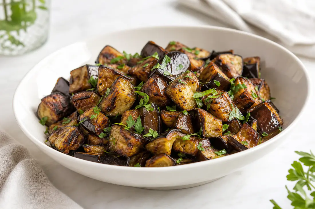 Roasted eggplant cubes with browned edges and chopped parsley in a white bowl