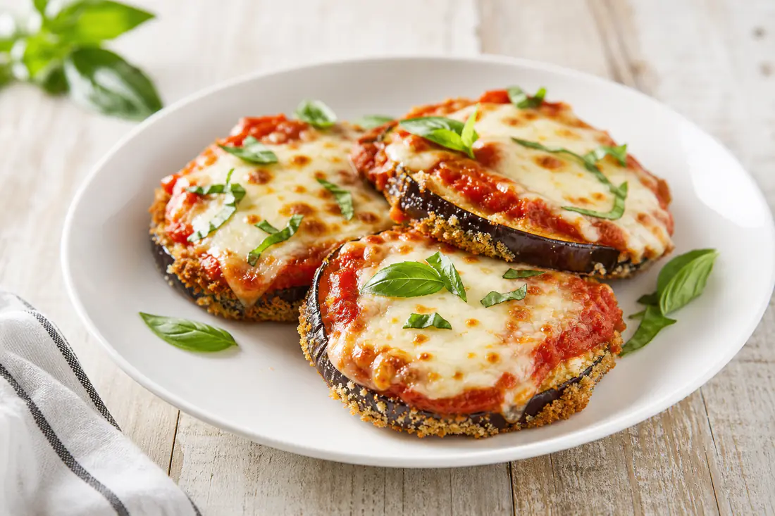 Breaded eggplant slices topped with marinara and melted mozzarella with basil on a plate