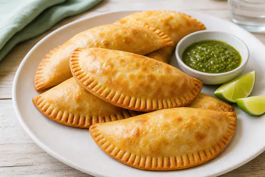Golden baked beef empanadas with crimped edges on a plate beside a small bowl of green sauce