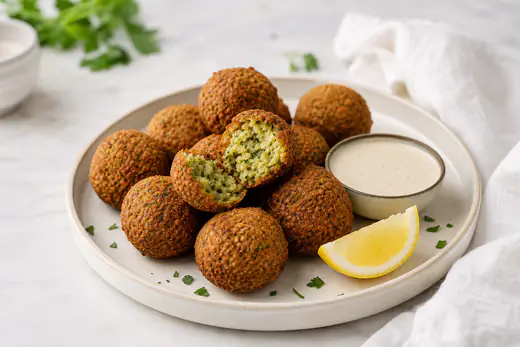 Golden brown falafel balls, one broken open to show the green herb center, with tahini sauce
