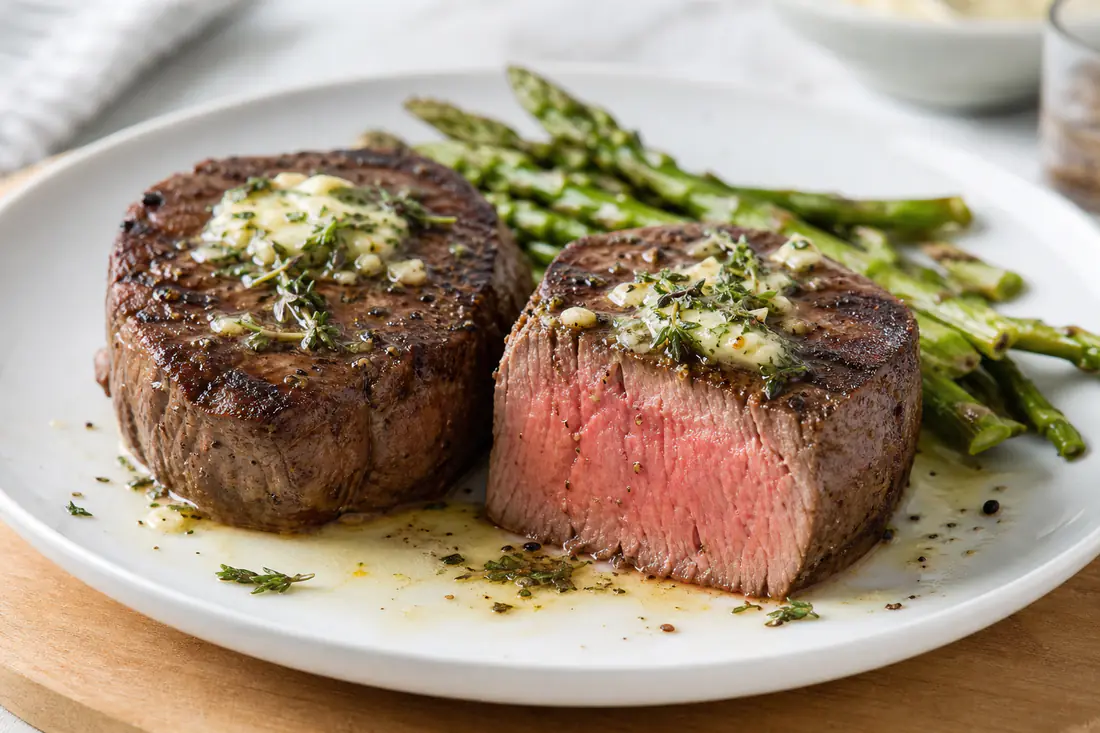 Two sliced filet mignon steaks with garlic butter and thyme on a white plate