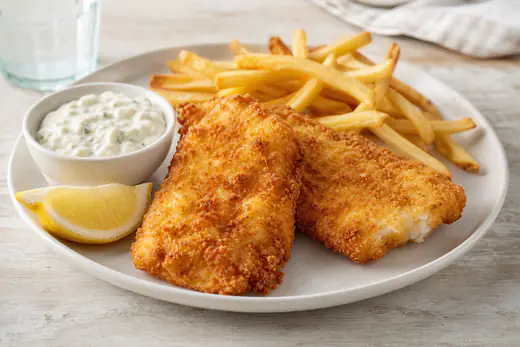 Crispy breaded fish fillets with tartar sauce and lemon wedges on a plate