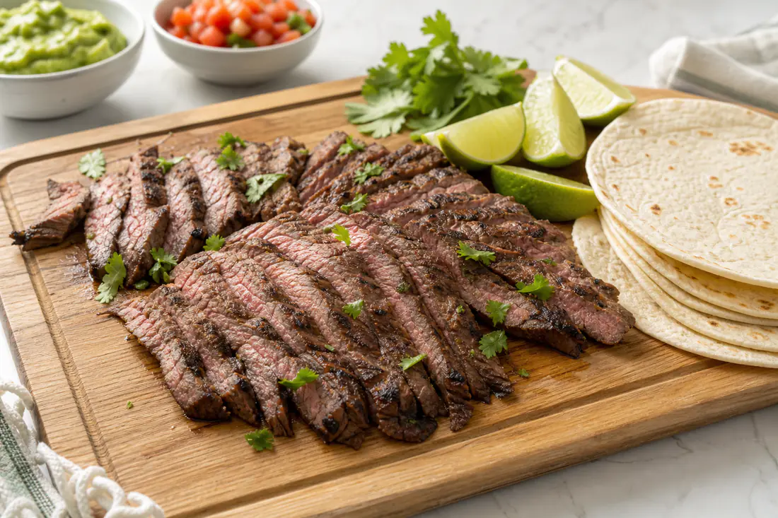 Thin slices of seared flank steak fanned on a cutting board with lime wedges