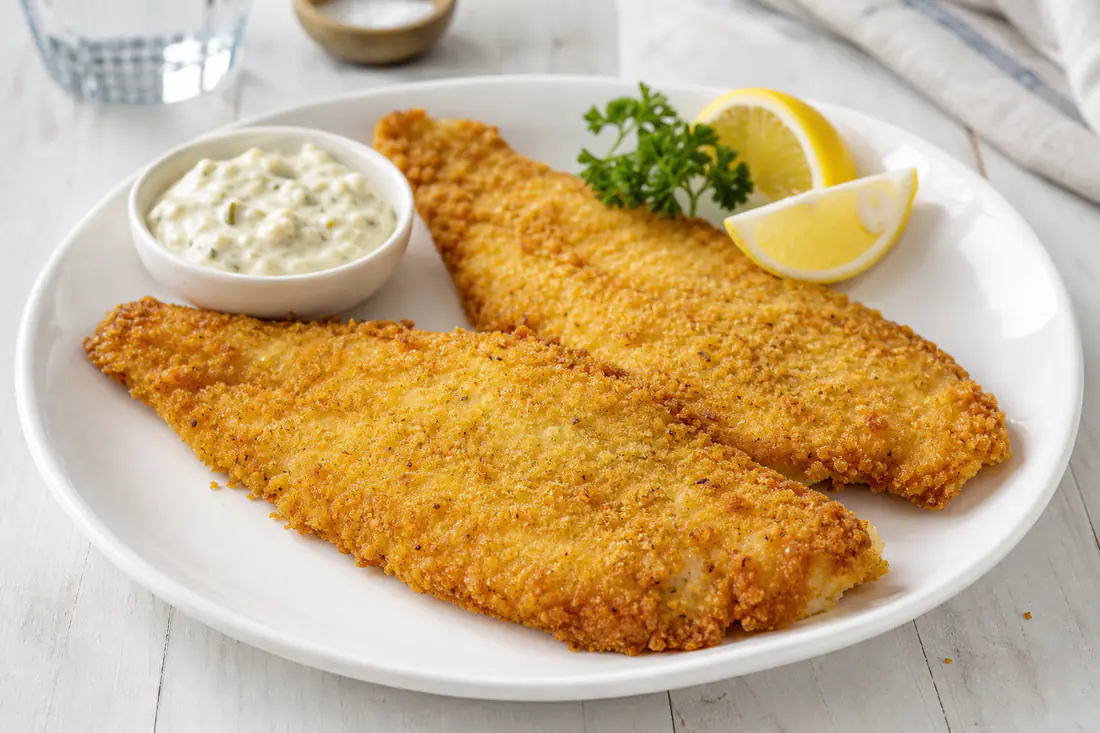 Golden panko-crusted flounder fillets on a plate with lemon wedges and tartar sauce
