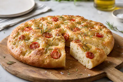 Golden round focaccia with dimples, rosemary and flaky salt on a wooden board