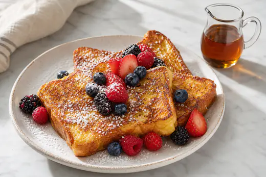 Golden French toast slices dusted with powdered sugar with fresh berries and maple syrup