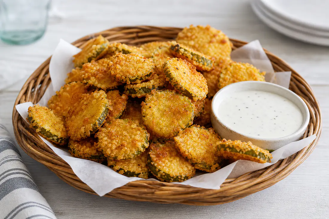 Golden breaded fried pickle chips in a basket with a bowl of ranch dressing