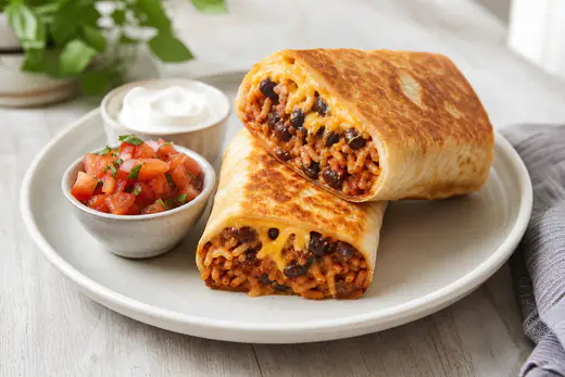 Two crisp golden burritos, one cut in half to show the filling, on a plate with salsa