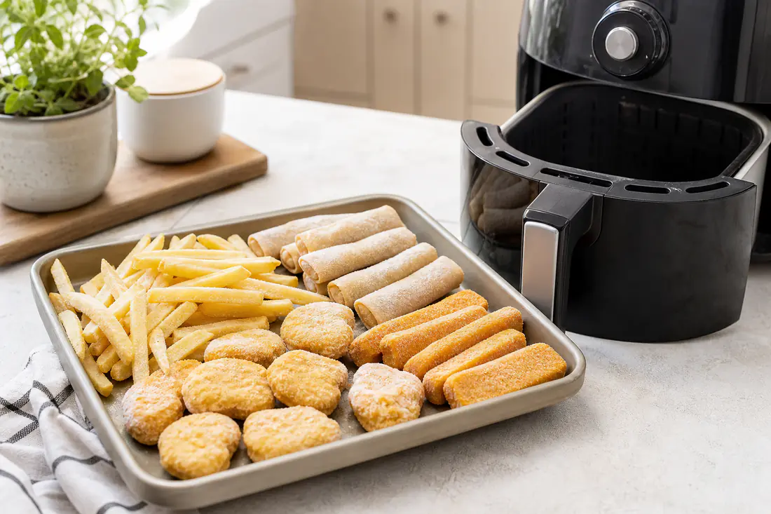 Frozen french fries, chicken nuggets, fish sticks and spring rolls with frost on a tray beside an air fryer basket