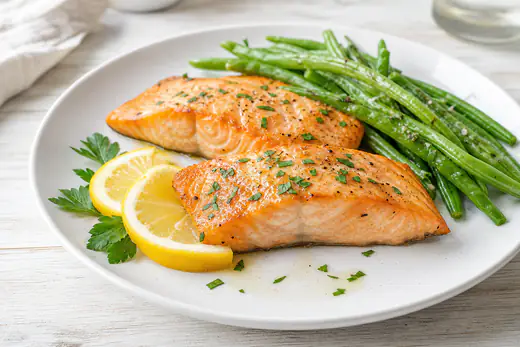 Cooked salmon fillets with lemon slices and parsley on a white plate