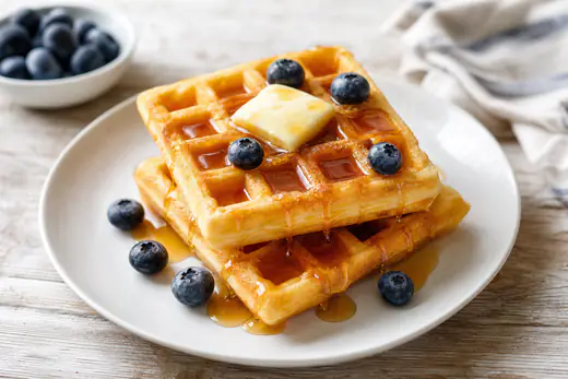Stack of golden crisp waffles with butter and maple syrup on a white plate
