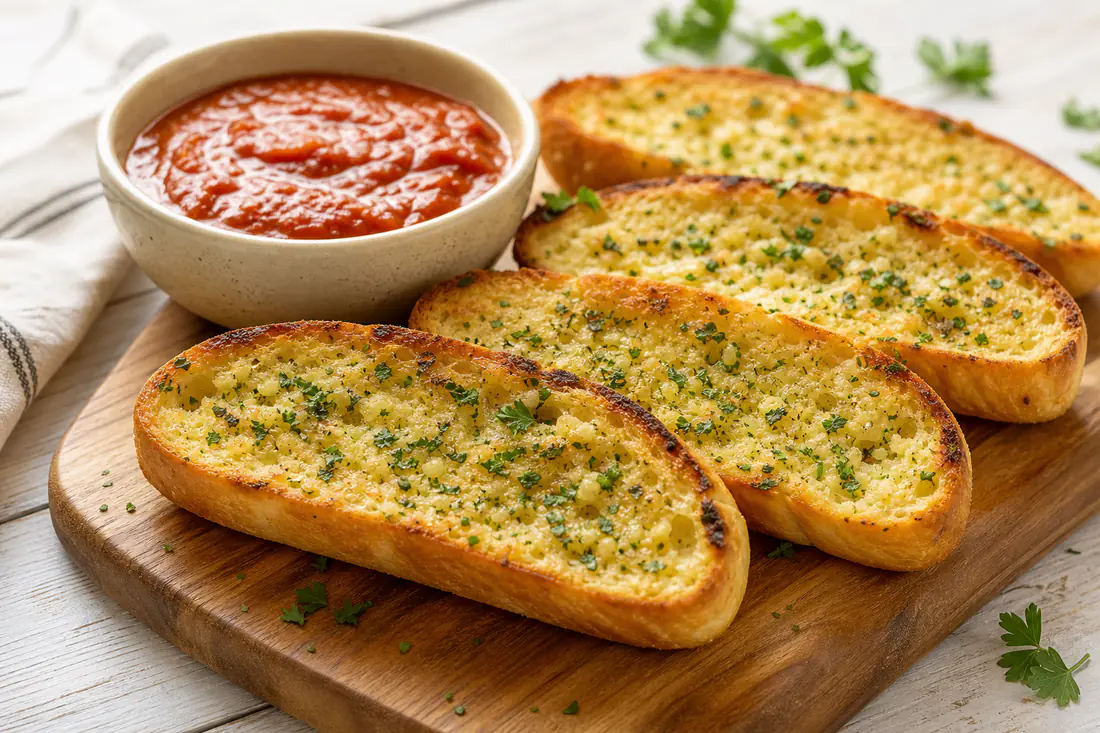 Golden toasted garlic bread halves brushed with garlic butter and flecked with parsley on a wooden board, with a bowl of marinara