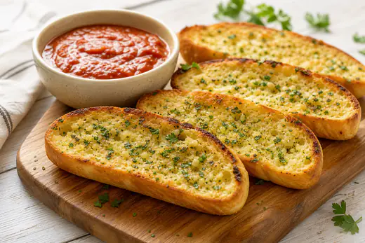 Golden toasted garlic bread halves brushed with garlic butter and flecked with parsley on a wooden board, with a bowl of marinara