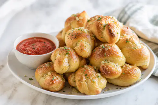 Golden garlic knots brushed with garlic butter and parsley next to a bowl of marinara