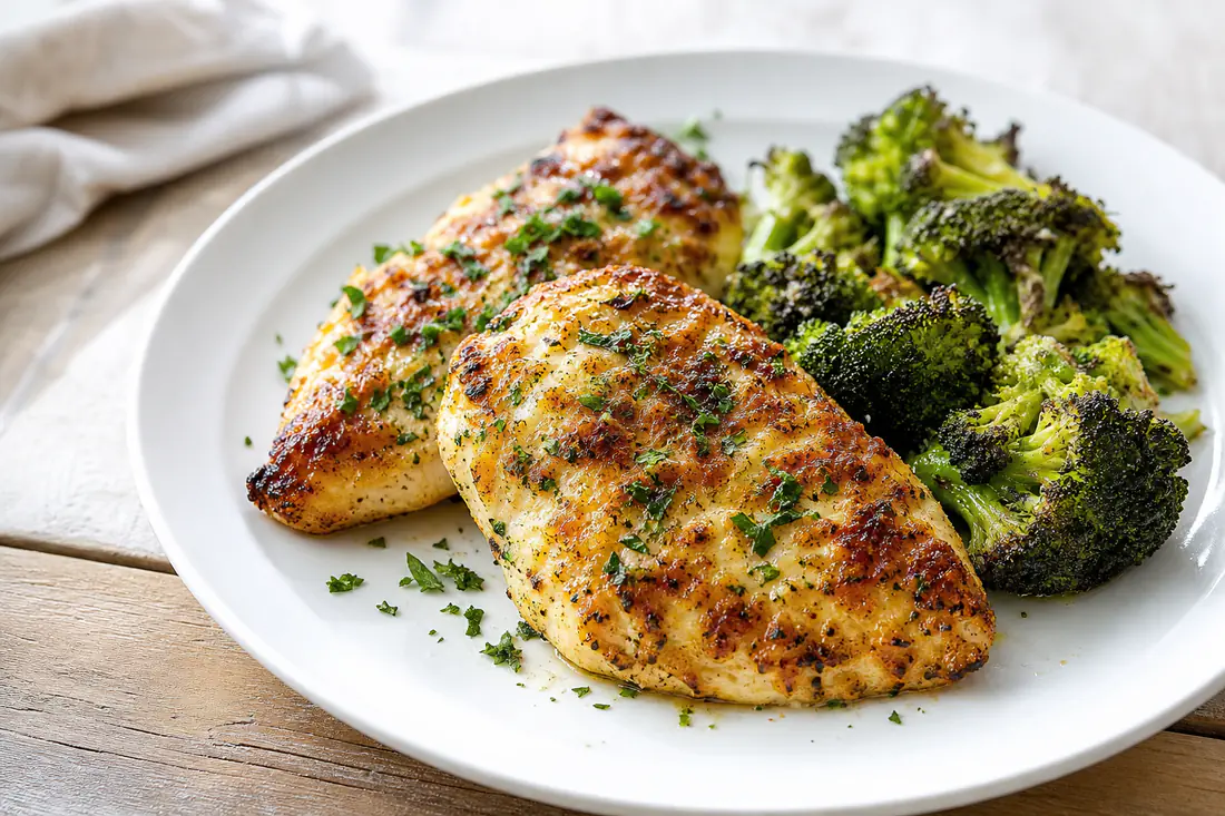 Golden garlic parmesan chicken breasts topped with parsley on a white plate