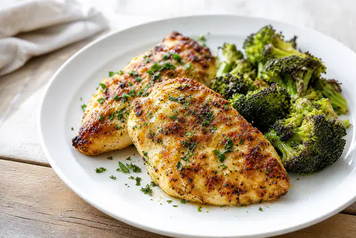 Golden garlic parmesan chicken breasts topped with parsley on a white plate
