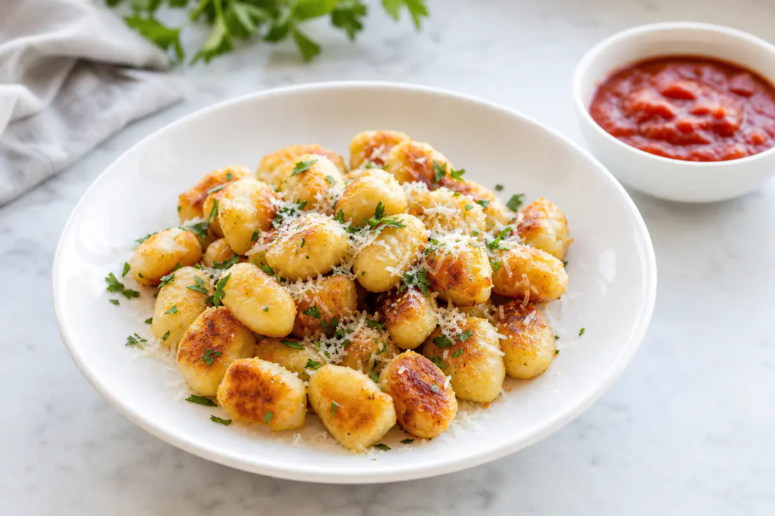 Crispy golden potato gnocchi in a white bowl with grated Parmesan and parsley beside a bowl of marinara