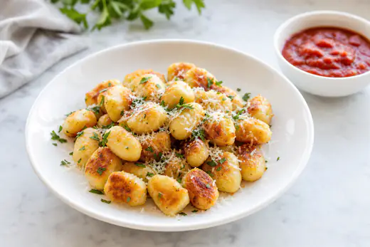 Crispy golden potato gnocchi in a white bowl with grated Parmesan and parsley beside a bowl of marinara