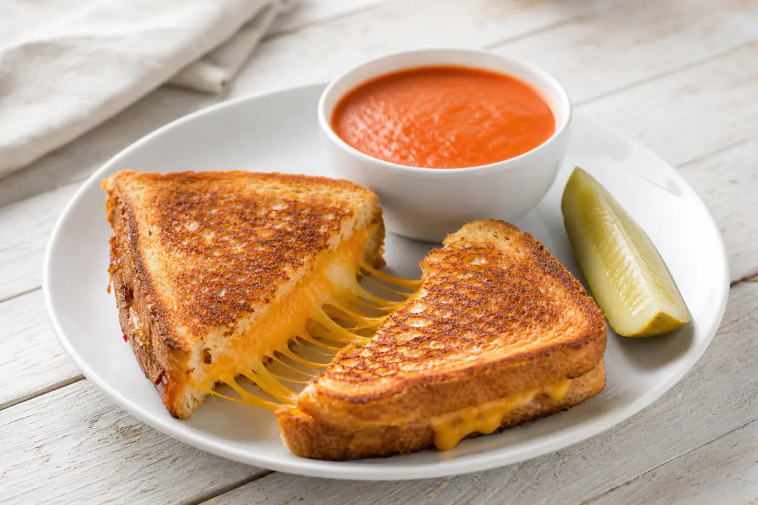Golden grilled cheese sandwich cut in half with melted cheddar stretching between the halves