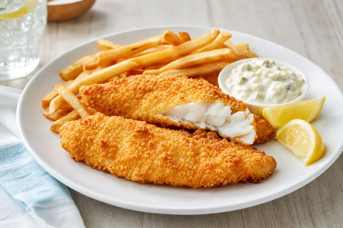 Golden breaded haddock fillets on a plate with lemon wedges, tartar sauce and fries
