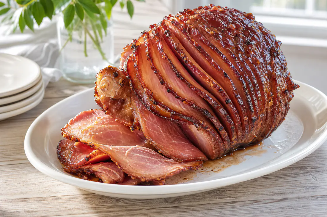 Glazed spiral-sliced ham with a shiny brown sugar glaze on a platter