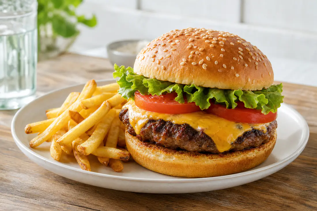 Cheeseburger with melted cheddar on a toasted bun with lettuce and tomato on a plate
