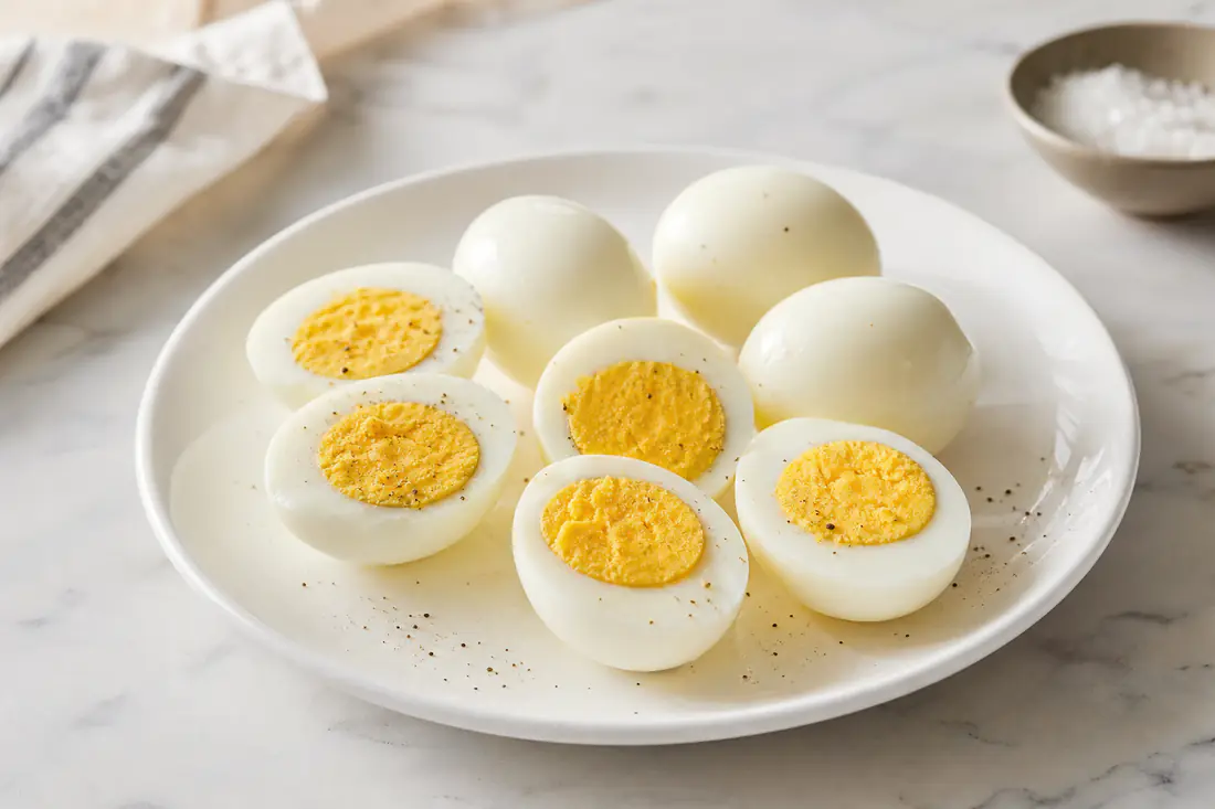 Peeled hard boiled eggs halved to show firm yellow yolks, on a plate