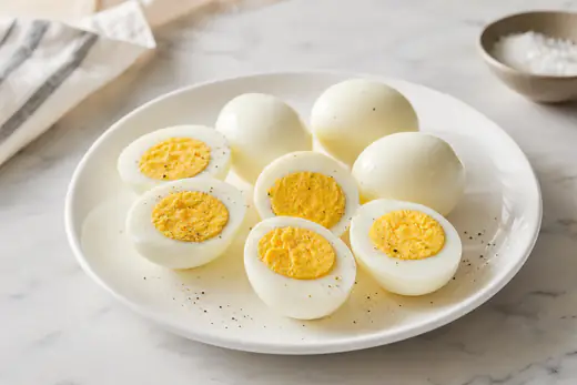 Peeled hard boiled eggs halved to show firm yellow yolks, on a plate