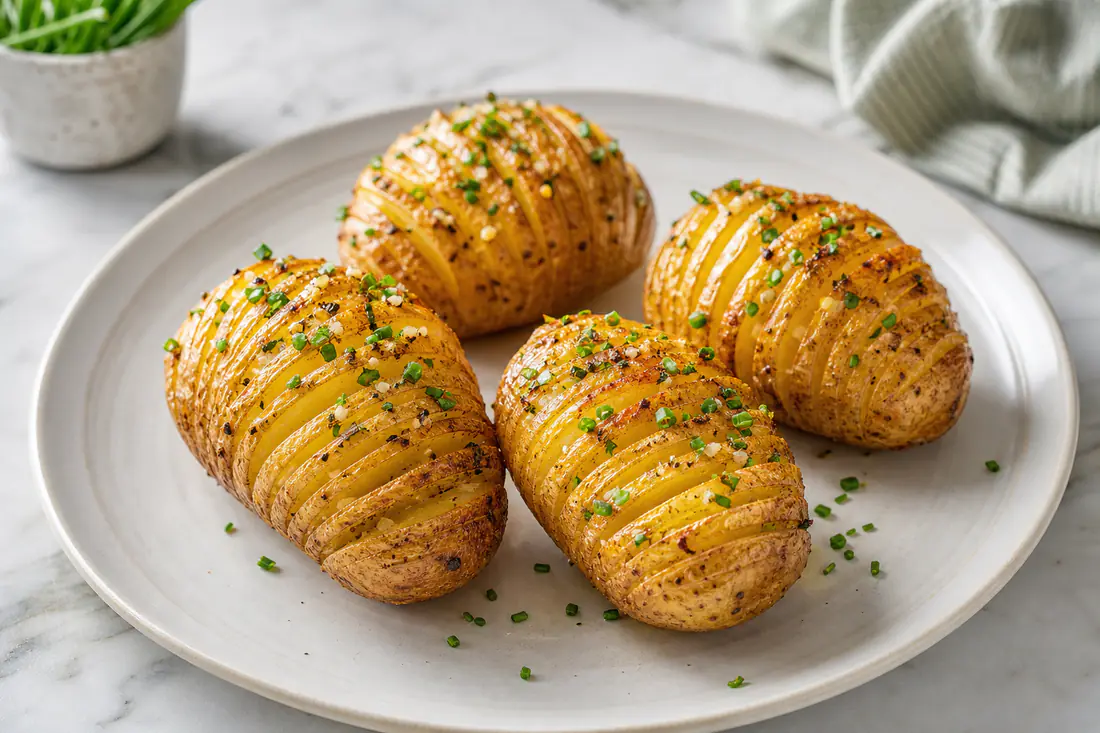 Four golden hasselback potatoes with fanned slices, brushed with garlic butter and sprinkled with chives