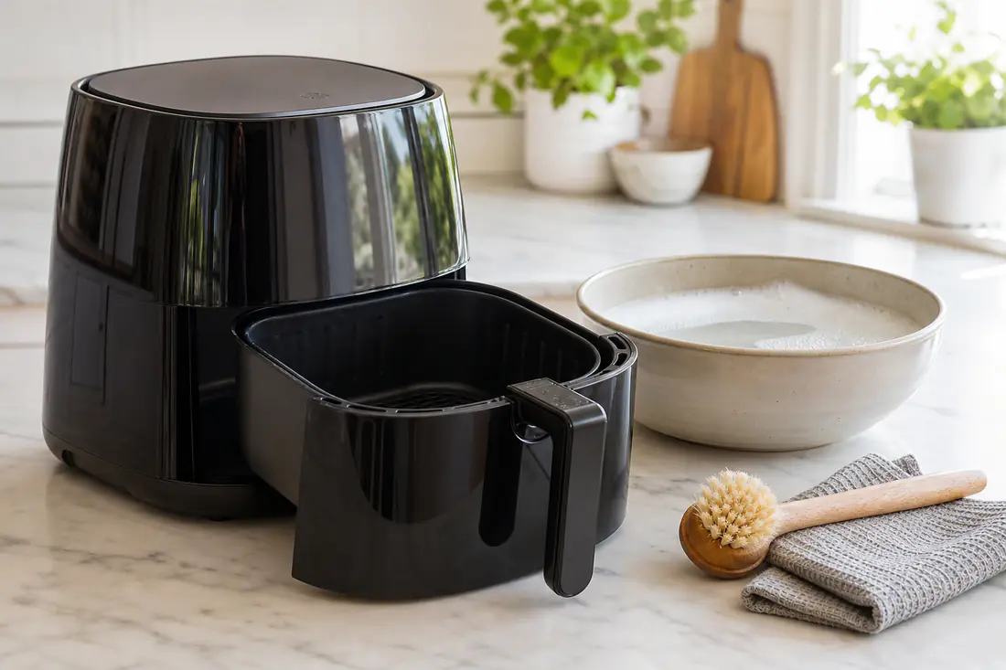 Air fryer with the basket removed beside a basin of soapy water and a soft dish brush