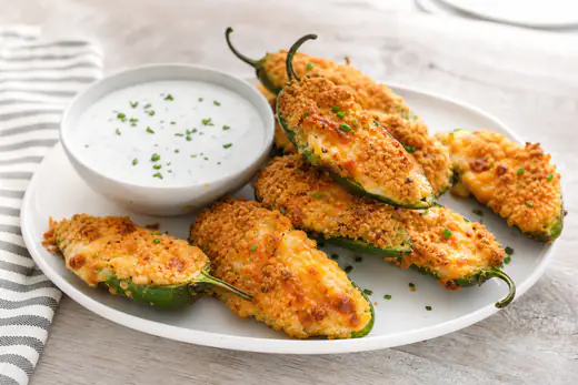 Golden stuffed jalapeño popper halves with a crisp breadcrumb top and a bowl of ranch dip