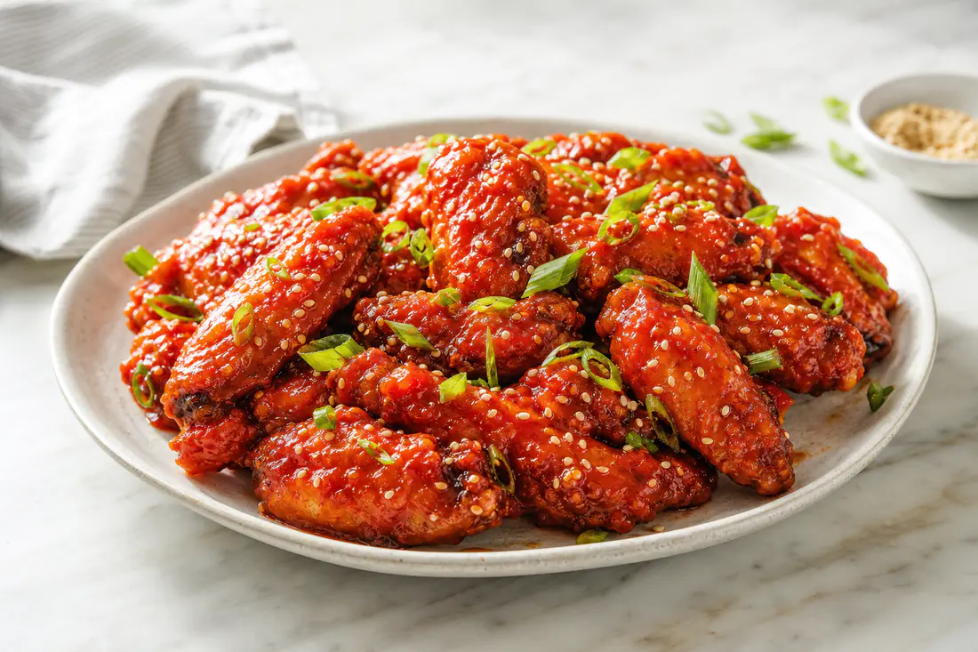Glossy red-glazed Korean fried chicken wings sprinkled with sesame seeds and sliced scallions on a plate