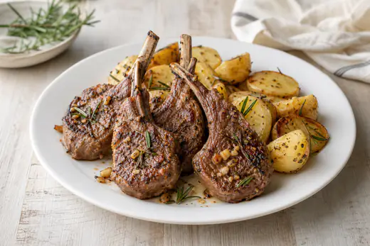 Bone-in lamb loin chops with garlic and rosemary on a white plate with roasted potatoes