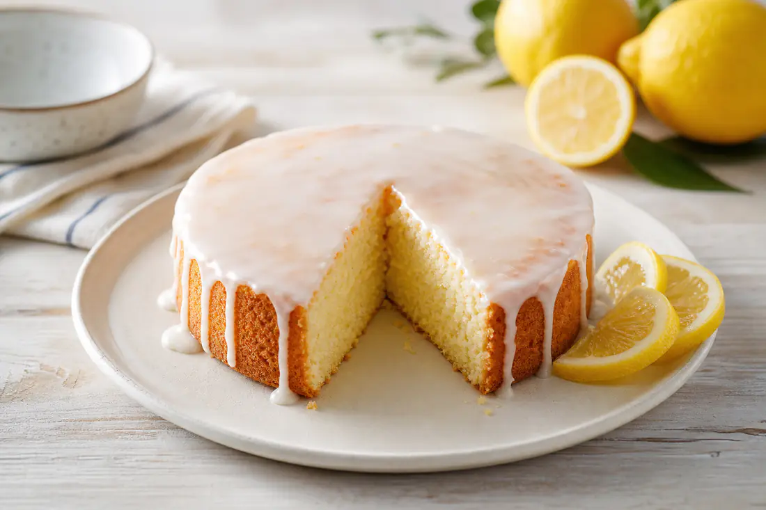 A small ROUND lemon cake with a white lemon glaze dripping down the sides, with a slice cut out and lemon slices beside it
