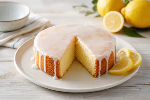 A small ROUND lemon cake with a white lemon glaze dripping down the sides, with a slice cut out and lemon slices beside it