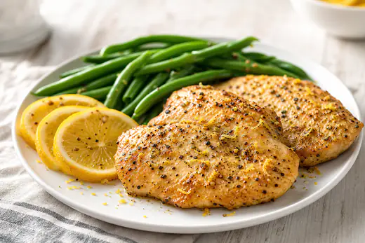 Golden lemon pepper chicken breasts with lemon slices and cracked pepper on a white plate with green beans
