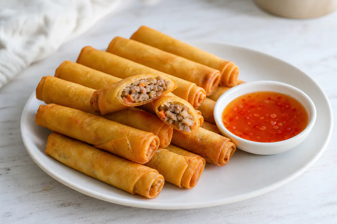Golden crispy lumpia on a white plate with a small bowl of sweet chili sauce