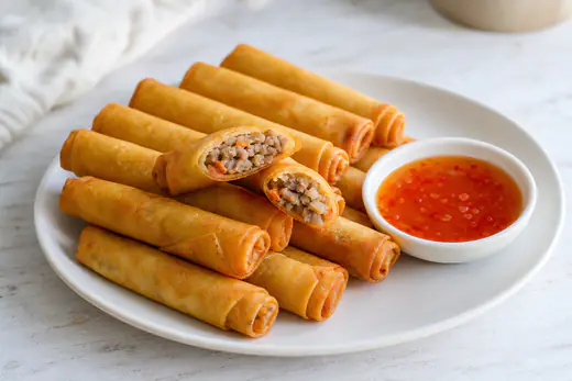 Golden crispy lumpia on a white plate with a small bowl of sweet chili sauce