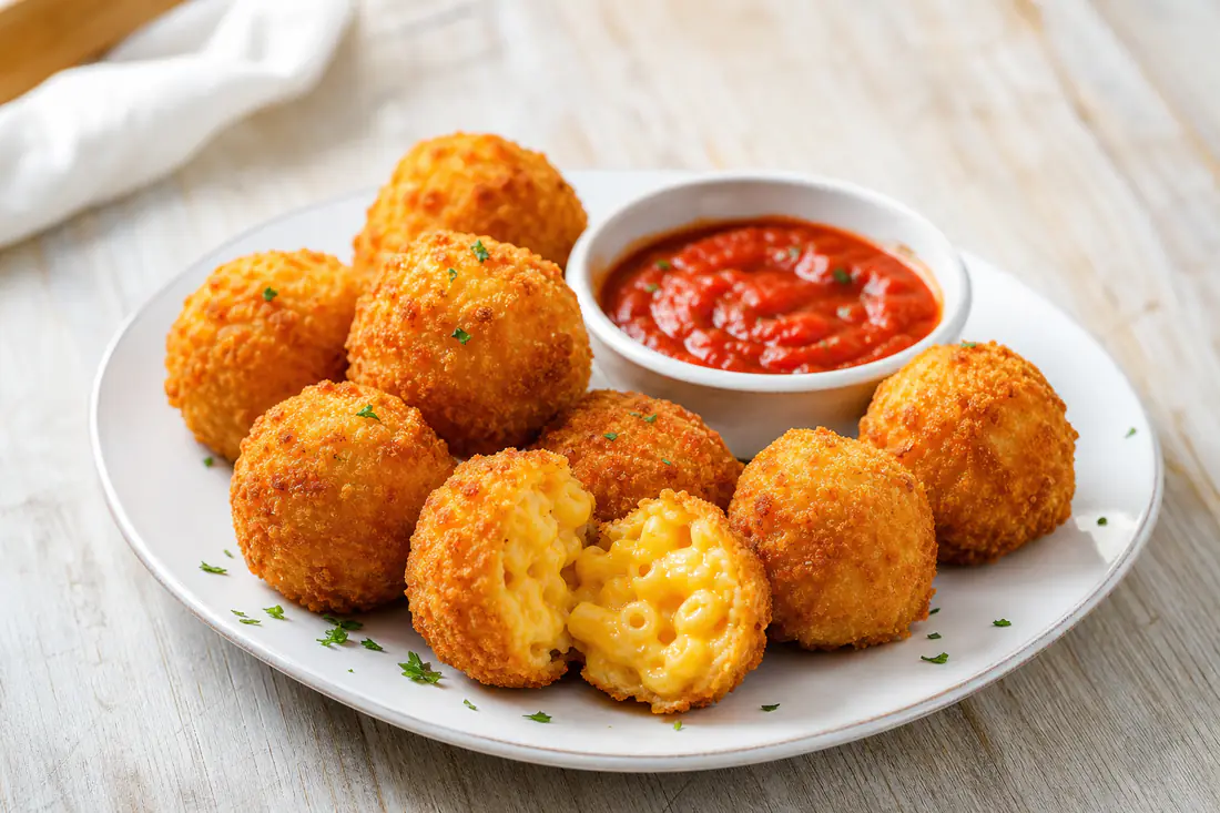 Golden breaded mac and cheese bites with one cut open to show the creamy cheese center, served with marinara