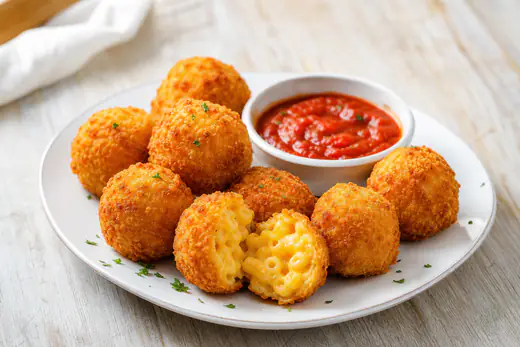 Golden breaded mac and cheese bites with one cut open to show the creamy cheese center, served with marinara