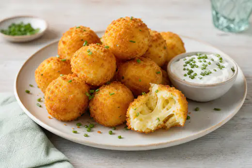 Golden breaded mashed potato balls, one broken open to show a cheesy center, with a bowl of sour cream and chives