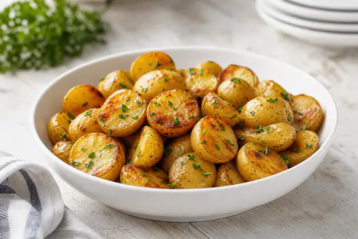 Halved golden baby potatoes with fresh parsley in a white serving bowl